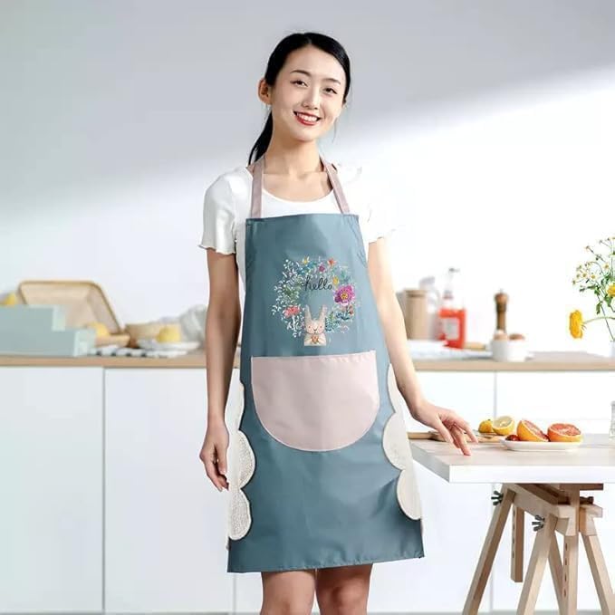 Waterproof Kitchen Apron for Women with Big Front Pocket Hand-Wiping Towel