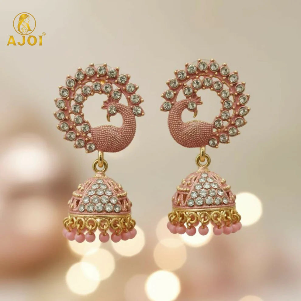 Peach Sparkle Peacock Stone Jhumka Earrings