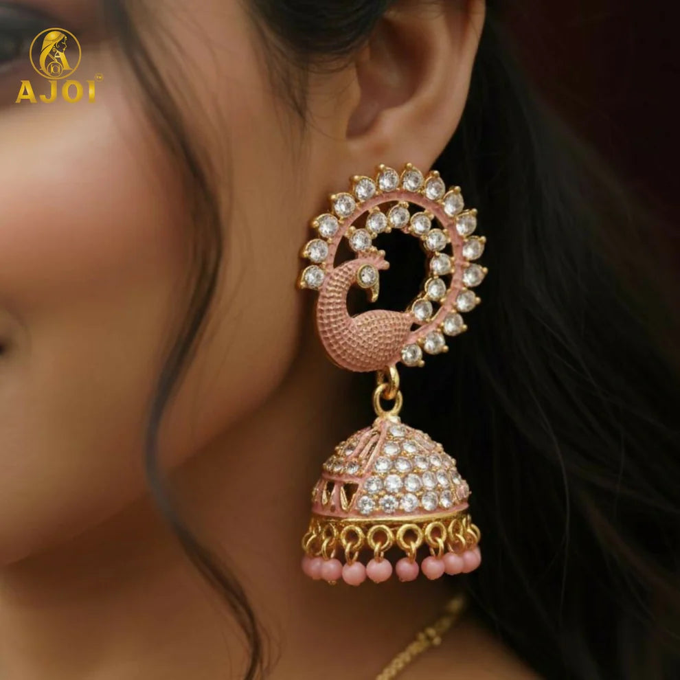 Peach Sparkle Peacock Stone Jhumka Earrings