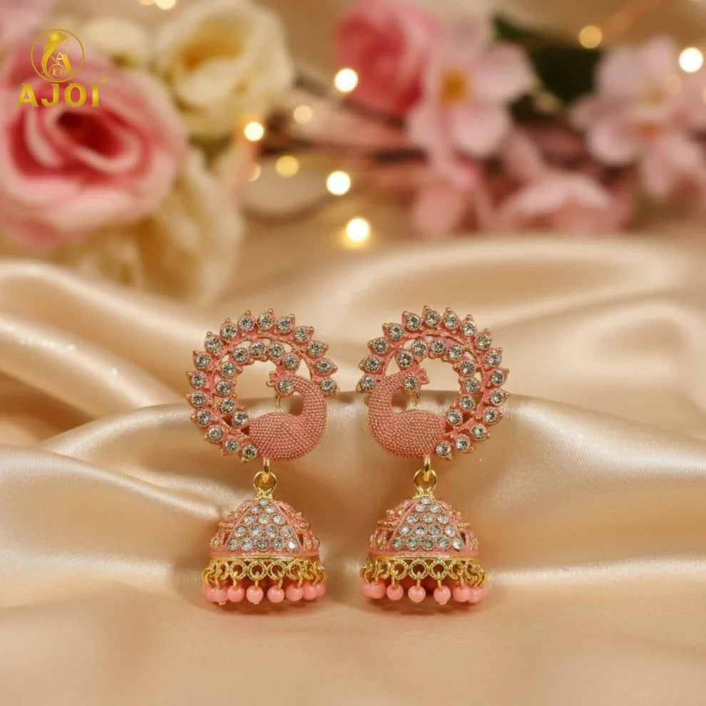 Peach Sparkle Peacock Stone Jhumka Earrings