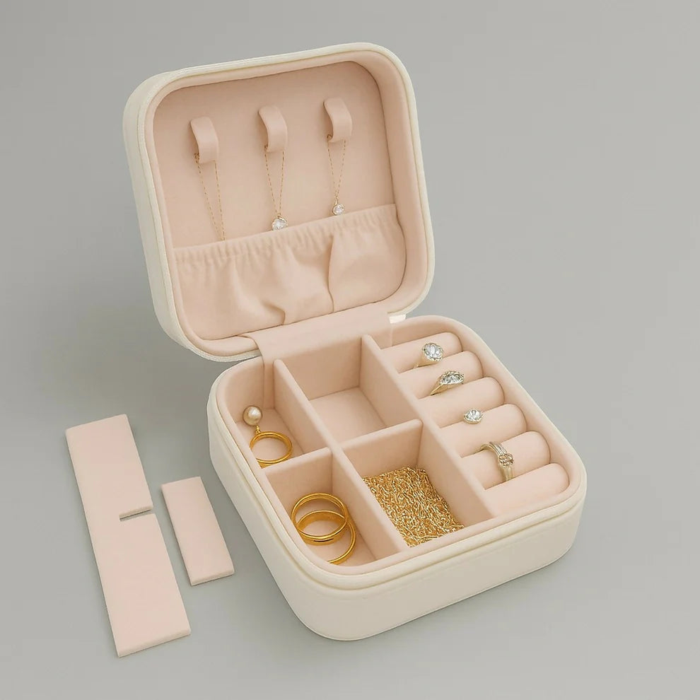 Portable Travel Jewelry Box for Women | Cream Organizer with Compartments