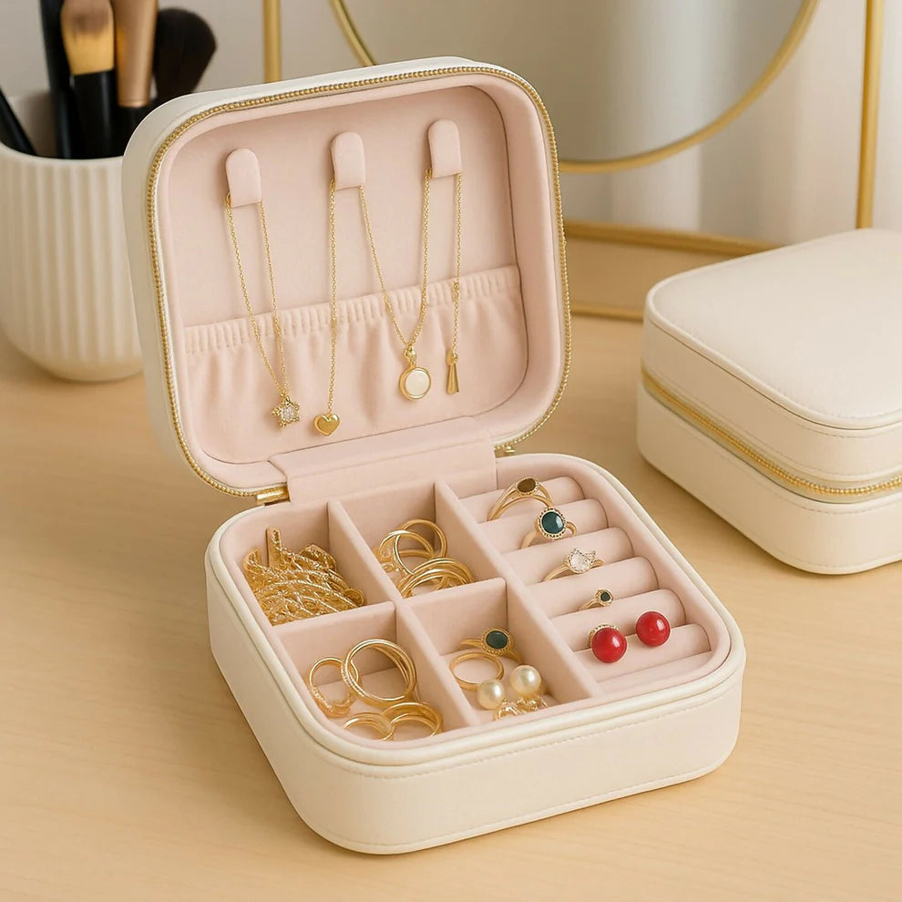 Portable Travel Jewelry Box for Women | Cream Organizer with Compartments