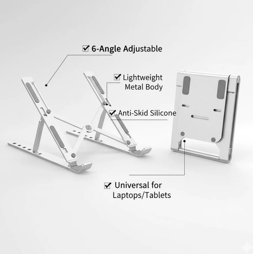 Metal Portable Laptop Stand – 6-Angle Adjustable Riser for Laptops, Phones & Tablets