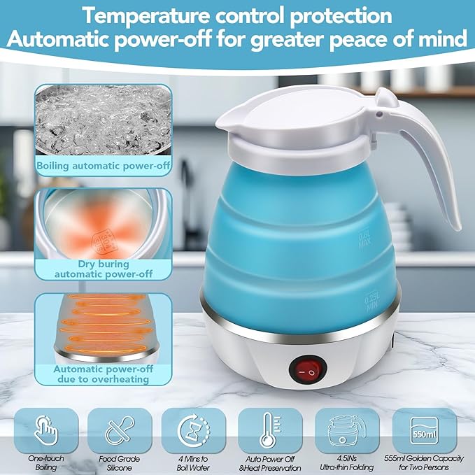 Silicone Travel Electric Kettle 600ML – Foldable Portable Mini Hot Water Boiler